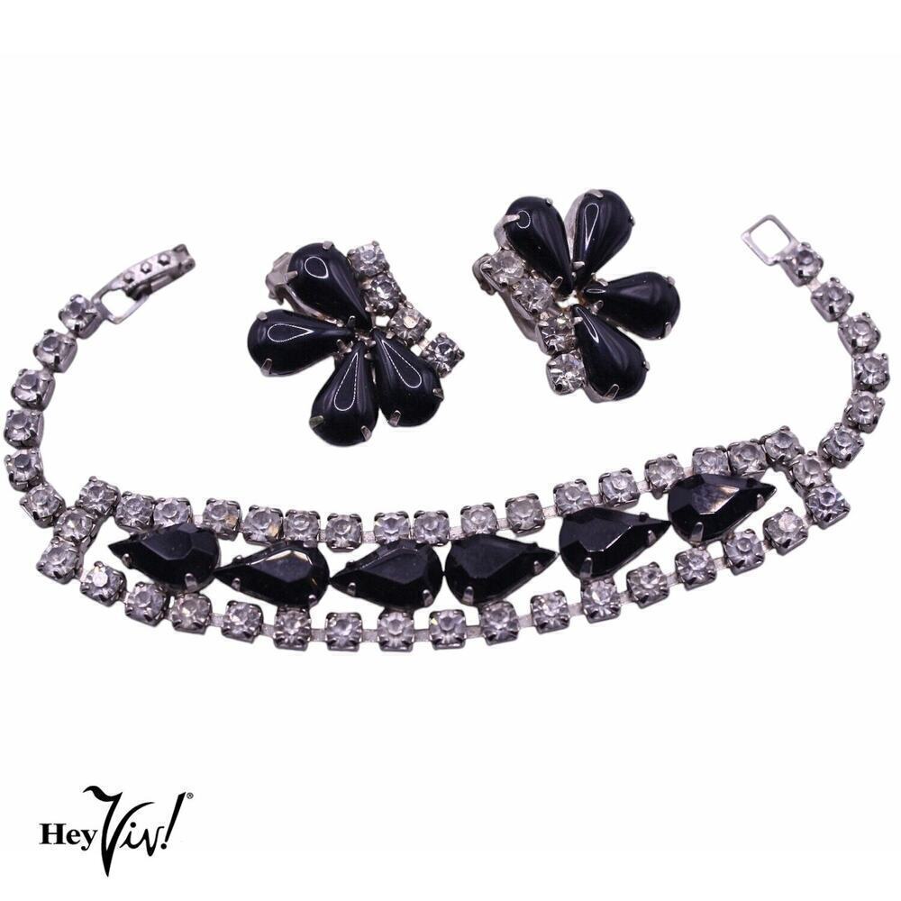 Vintage 50s Black Rhinestone 2 Piece Set Bracelet and Clip On Earrings - Hey Viv